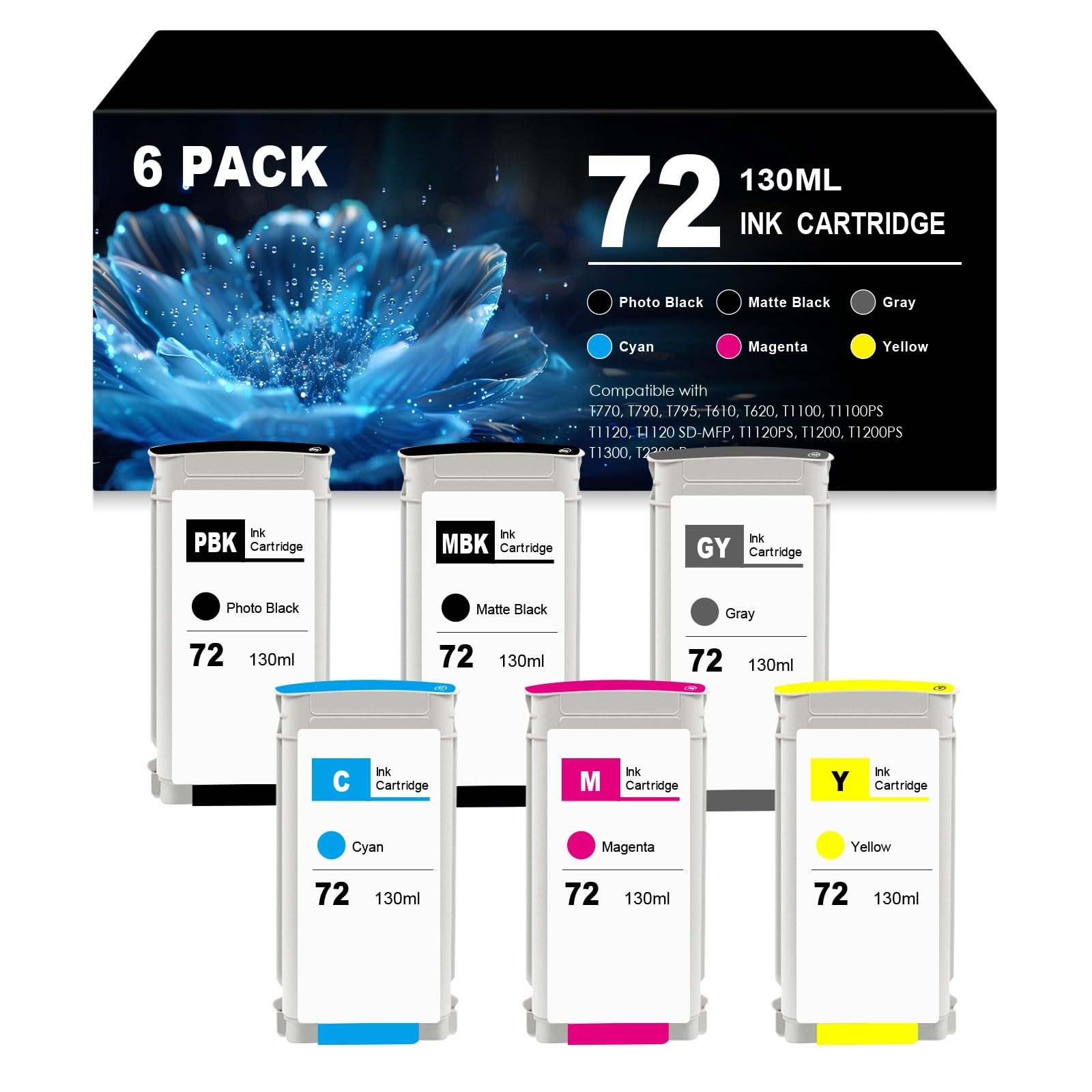 72 Ink Cartridges 72-6P, Matte Black Photo Cyan Yellow Magenta Gray