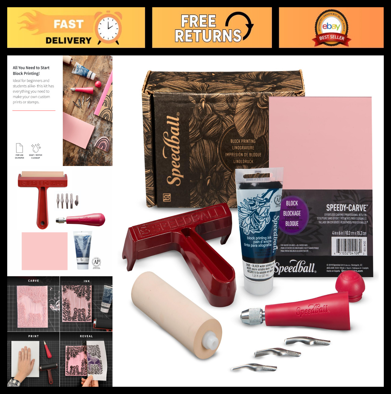 Block Printing Starter Kit - Ink, Brayer, Lino Handle & Cutters - Art Supplies