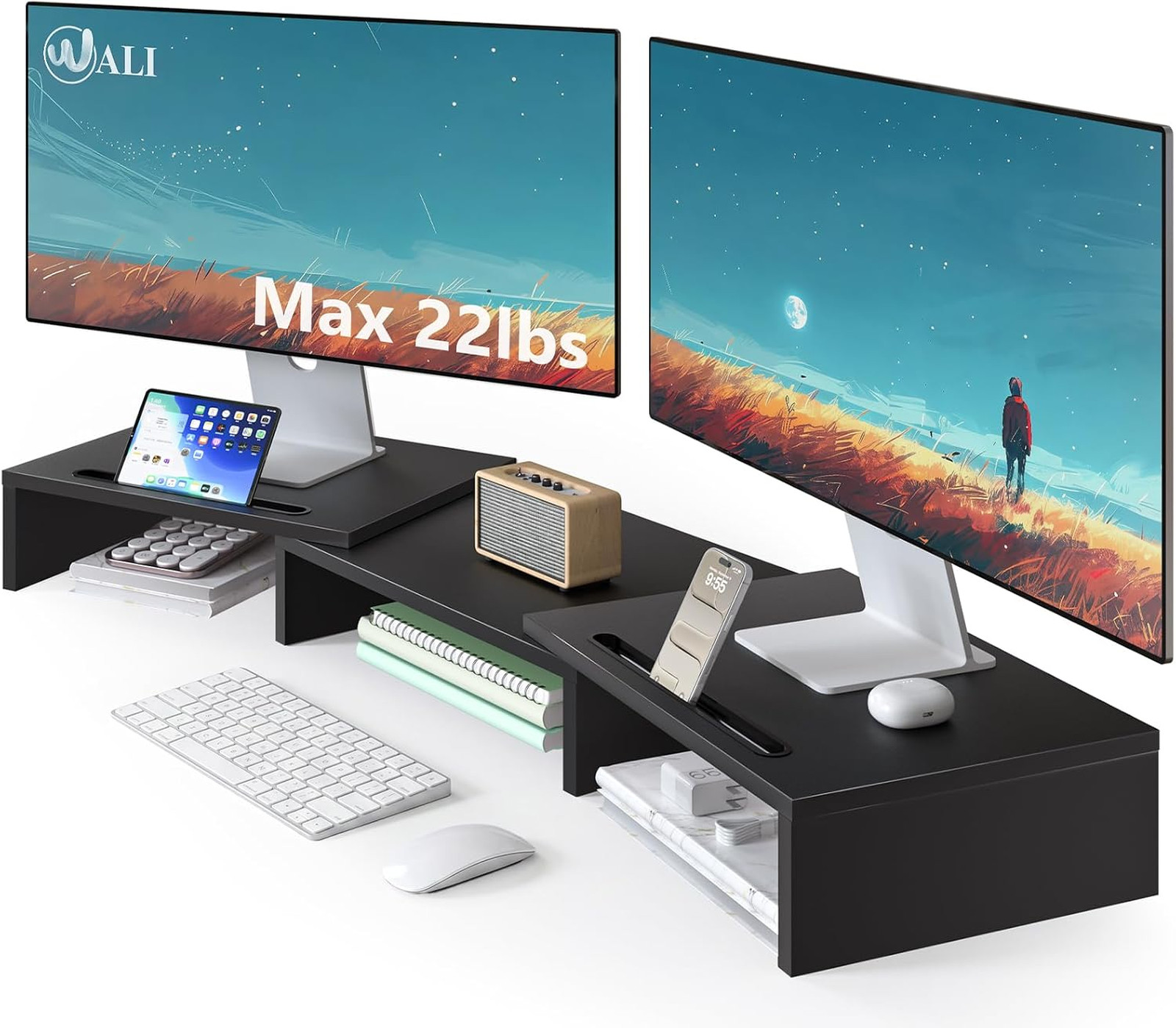 Wooden Dual Monitor Stand Riser with Slots Up to 22lbs, Extra Long 44.49 Inches