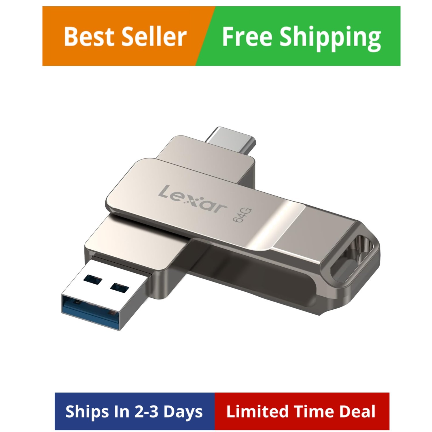 D40E 64GB Dual USB 3.2 Gen 1 Type-C Jump Drive, USB-C Flash Metal Housing Swi...