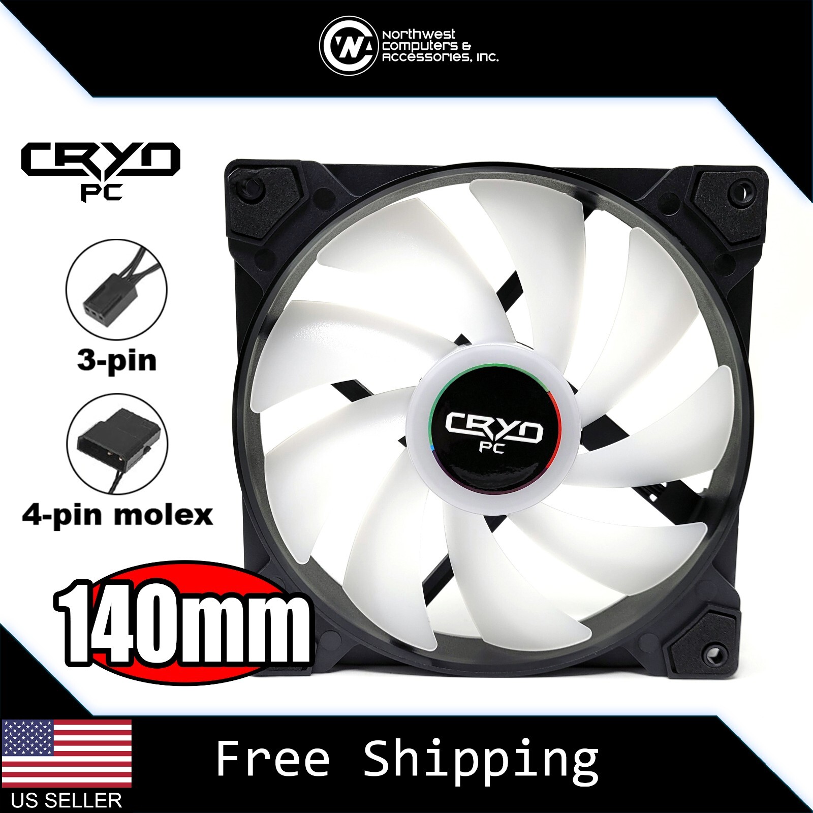 140mm x 25mm PC Cooling Case Fan 3pin + 4pin Molex, Black w/ White Blades