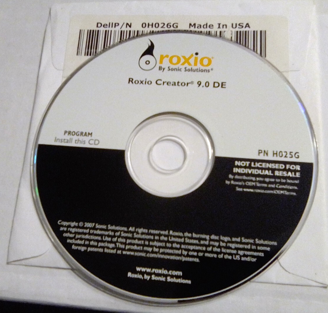 Roxio Creator DE 9.0 Installation Software Sonic Solutions PN H025G LIKENEW 