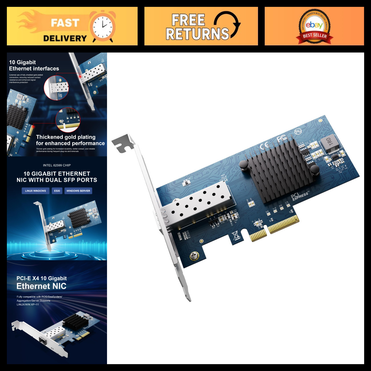 10Gb PCIe Network Card, Intel 82599EN SFP+, X520-DA1 Compatible, High-Speed NIC