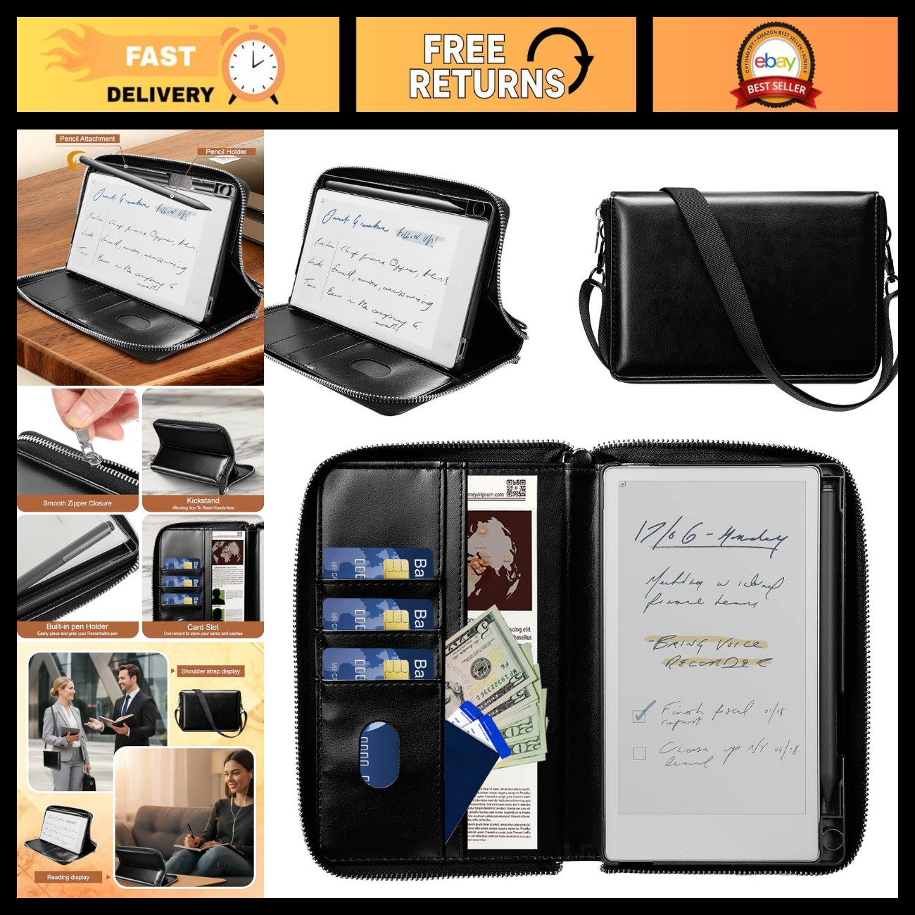 Premium Leather Folio Case for Remarkable Paper Pro 7.3" - Zipper, Pen Holder, M