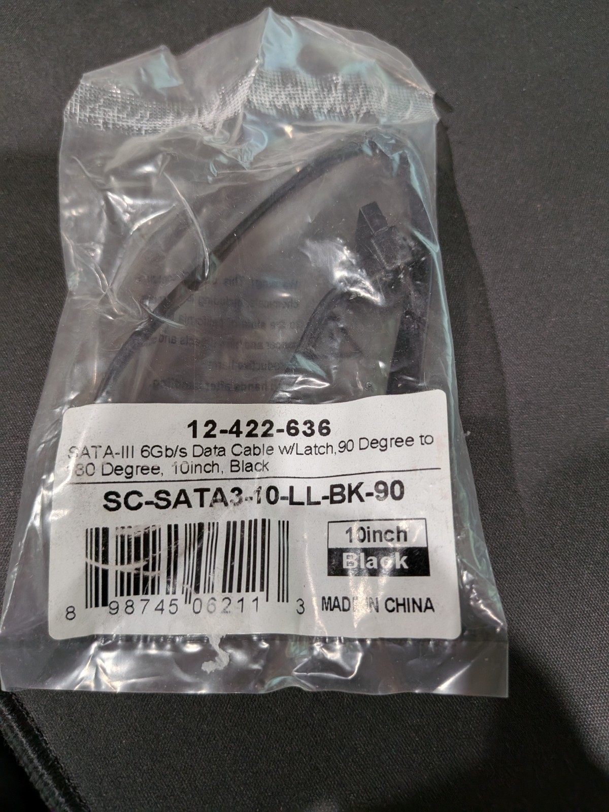 10" Inch Black SATA 3 III 6 GB/s Round SSD/HDD Data Cable Straight to Rt Angle