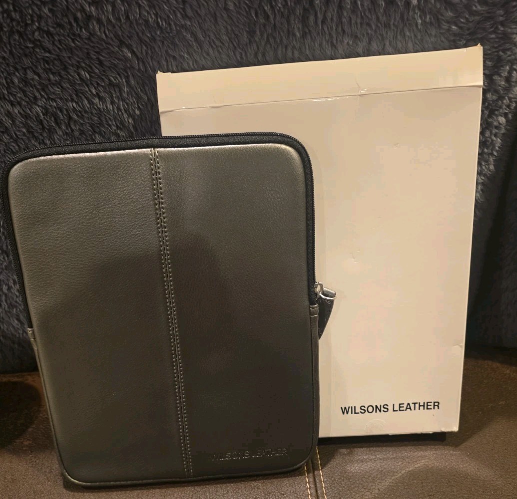 Wilsons Leather Tablet Laptop Sleeve Pewter Metallic Zip Case New Open Box