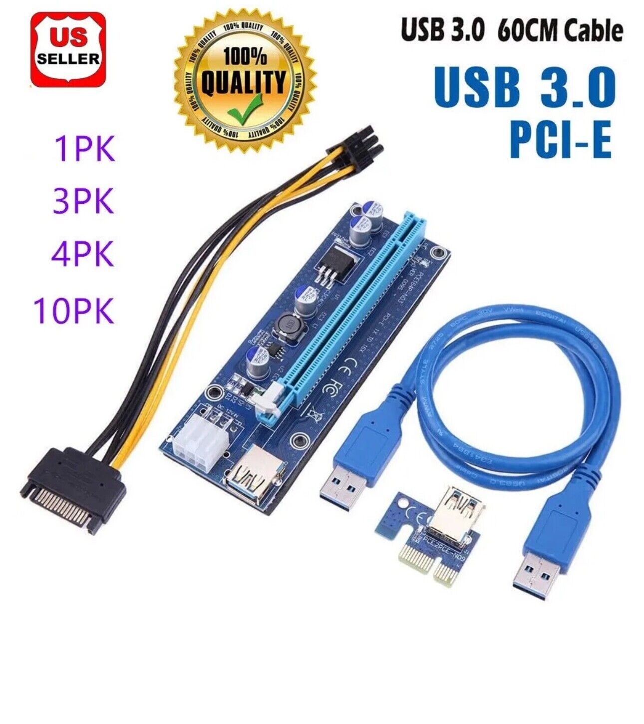 Ethereum PCI-E 1x to 16x Powered USB3.0 GPU Riser Extender Adapter Card VER 009s