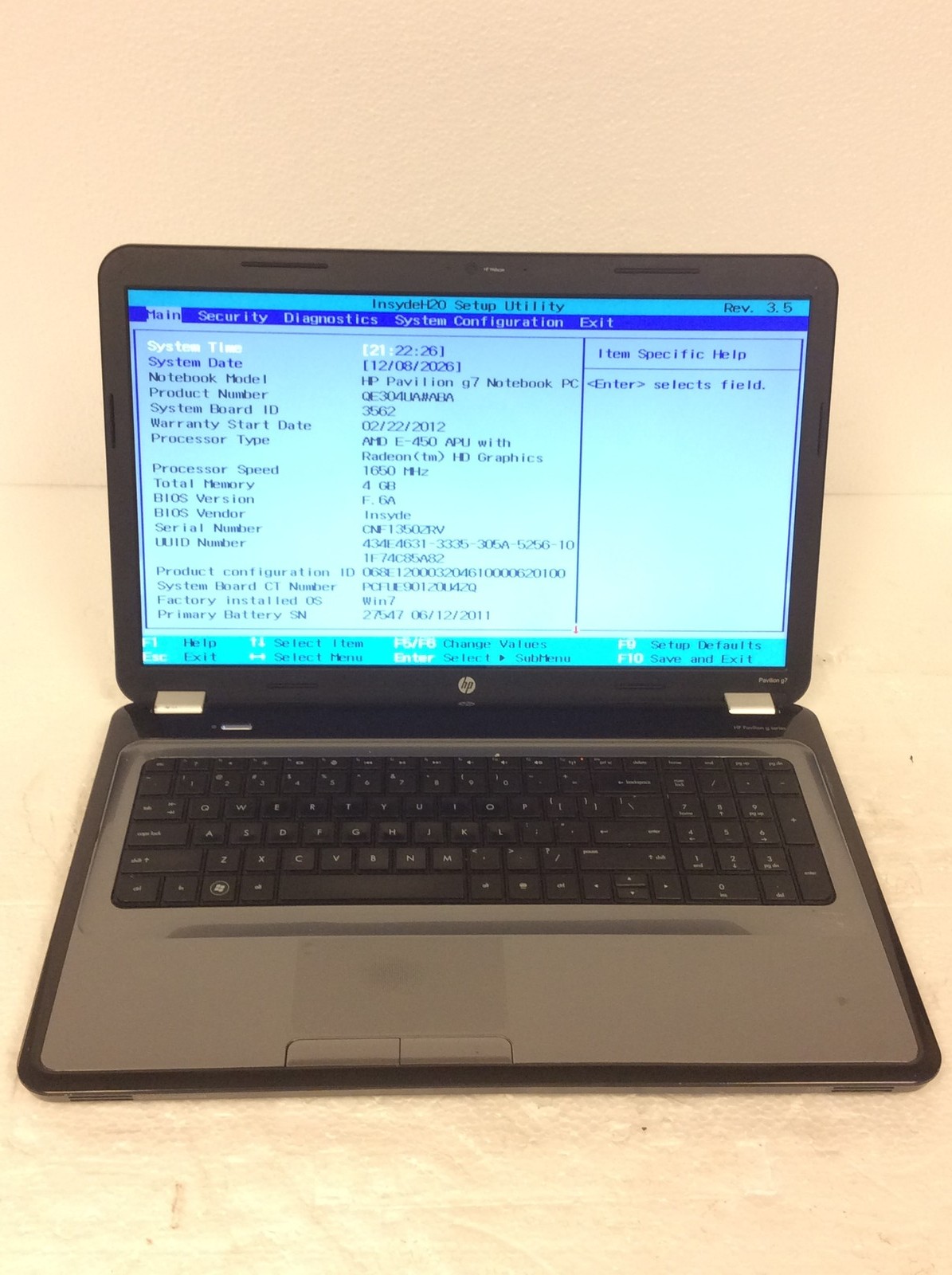 HP Pavilion G7-1219WM 17.3" Laptop AMD E-450 APU 1650Mhz w/ 4Gb Ram, No HD