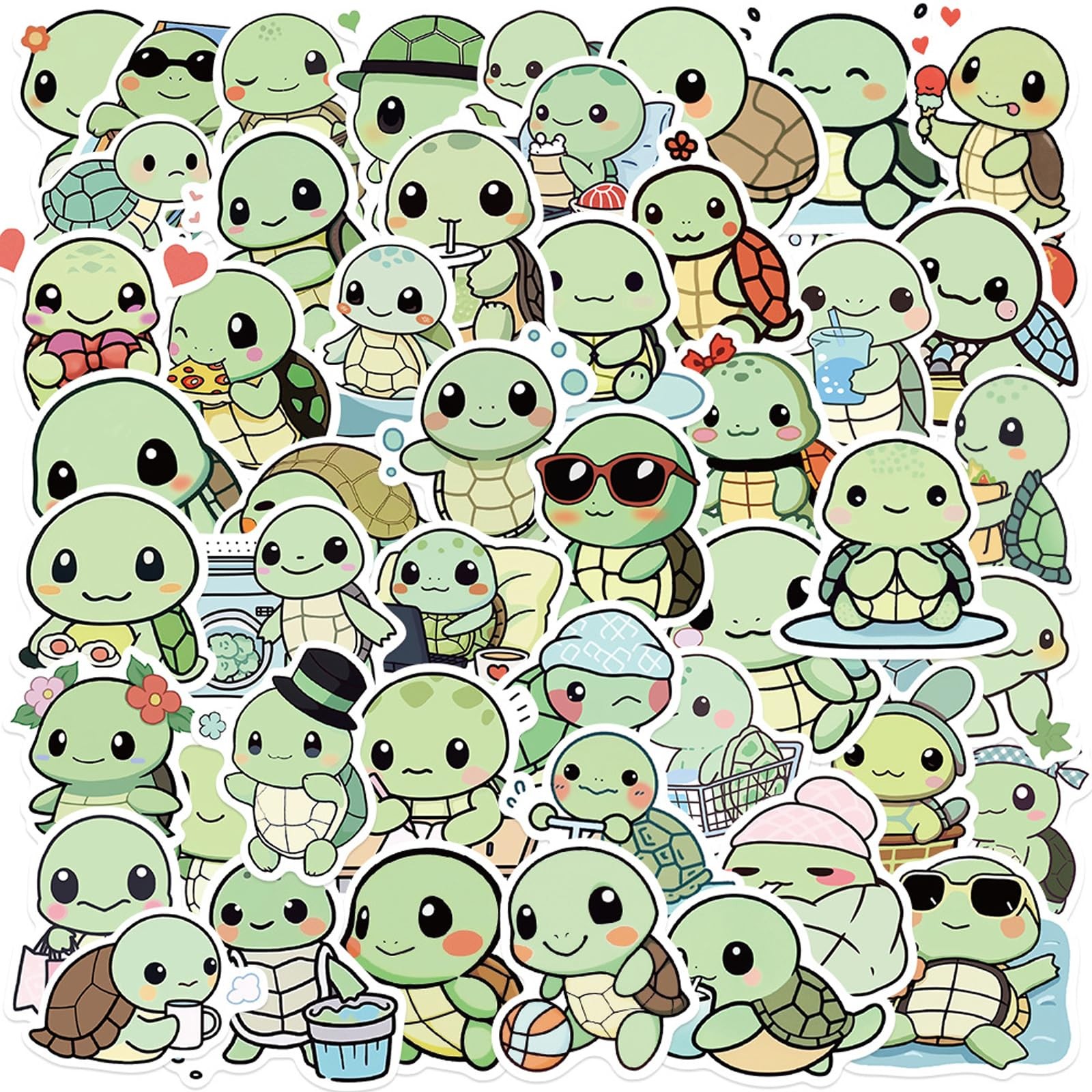 Aigemumy 50 PCS Cute Turtle Stickers Animals Sticker Waterproof Vinyl Green