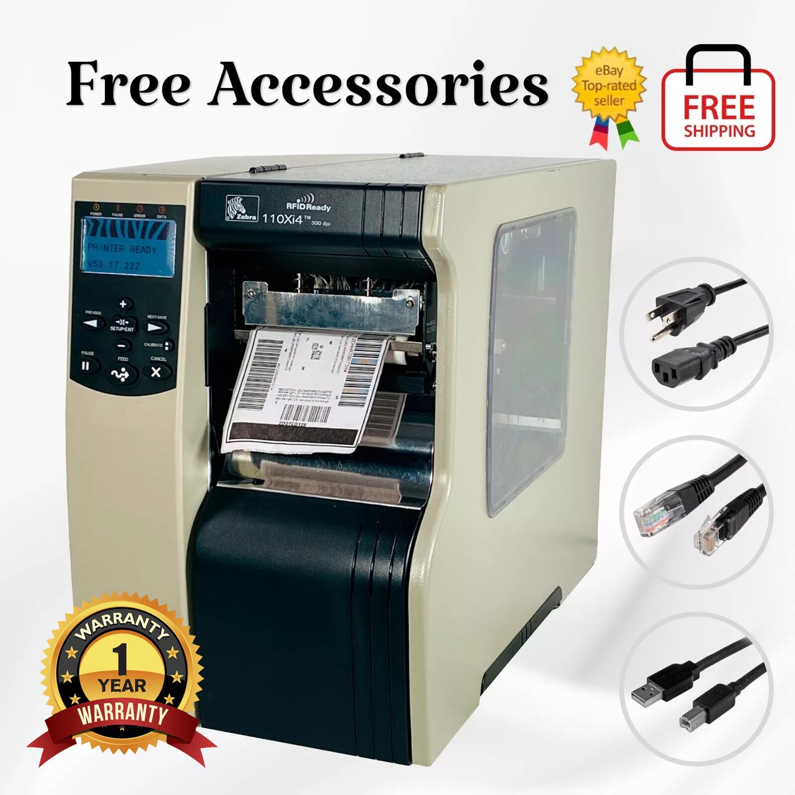 BUNDLE  Zebra 110Xi4 Industrial Thermal Label Printer USB LAN  1 YR WARRANTY