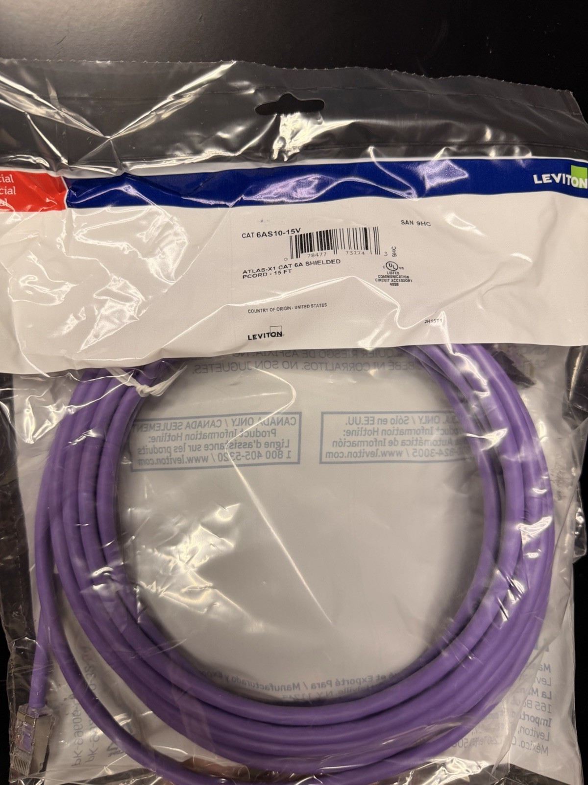 Leviton Atlas-X1 Cat6A Shielded RJ-45 Patch Cable 15ft Purple 6AS10-15V 40 pcs 