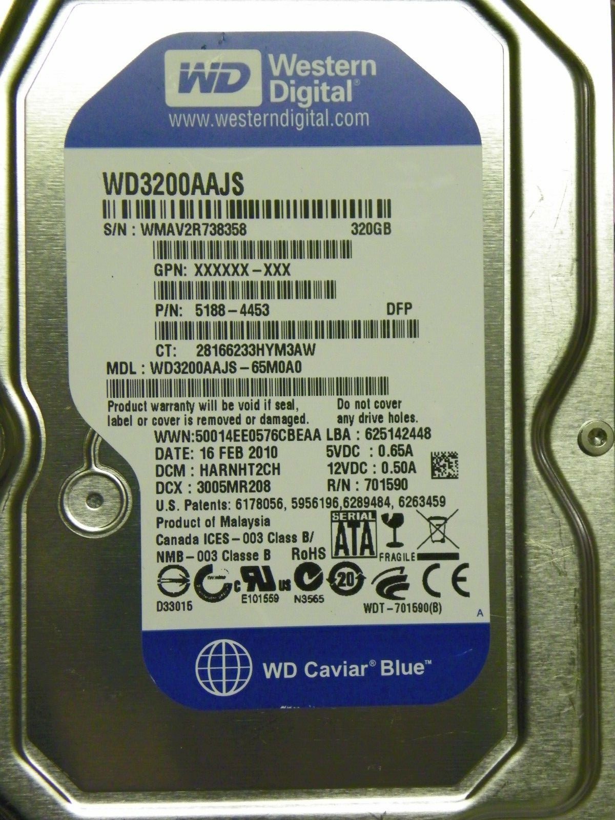 Western Digital WD3200AAJS-65M0A0  P/N 5188-4453 320GB 3.5" SATA Hard Drive