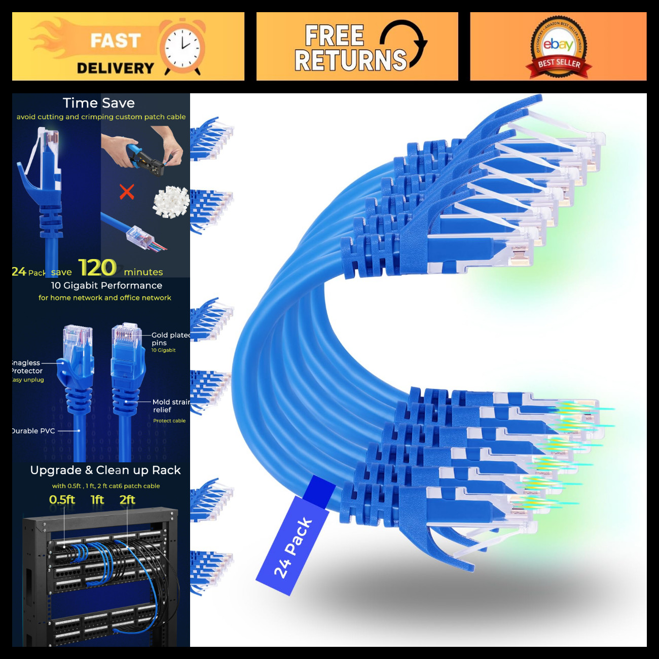 24 Pack 3ft Cat6 Ethernet Patch Cables - 10G Support, Flexible Gold Plated Blue