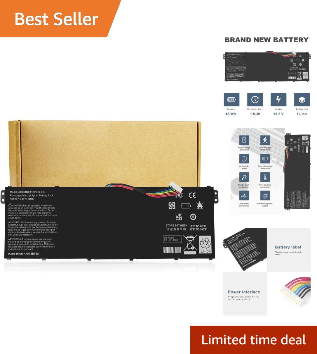 Rechargeable 48Wh Lithium Ion Battery for Acer Aspire and Swift Models, AC14B8K