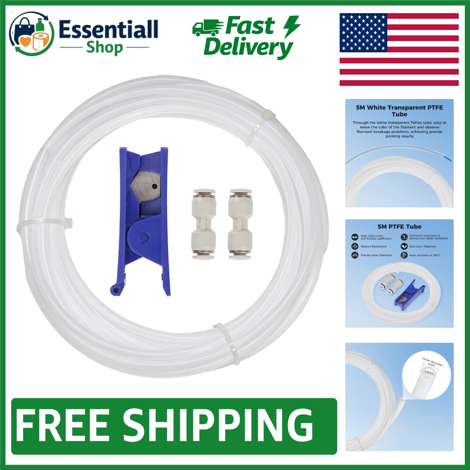 5M White PTFE Tube Set for 3D Printing - 2 Couplers & Precision Cutter Included