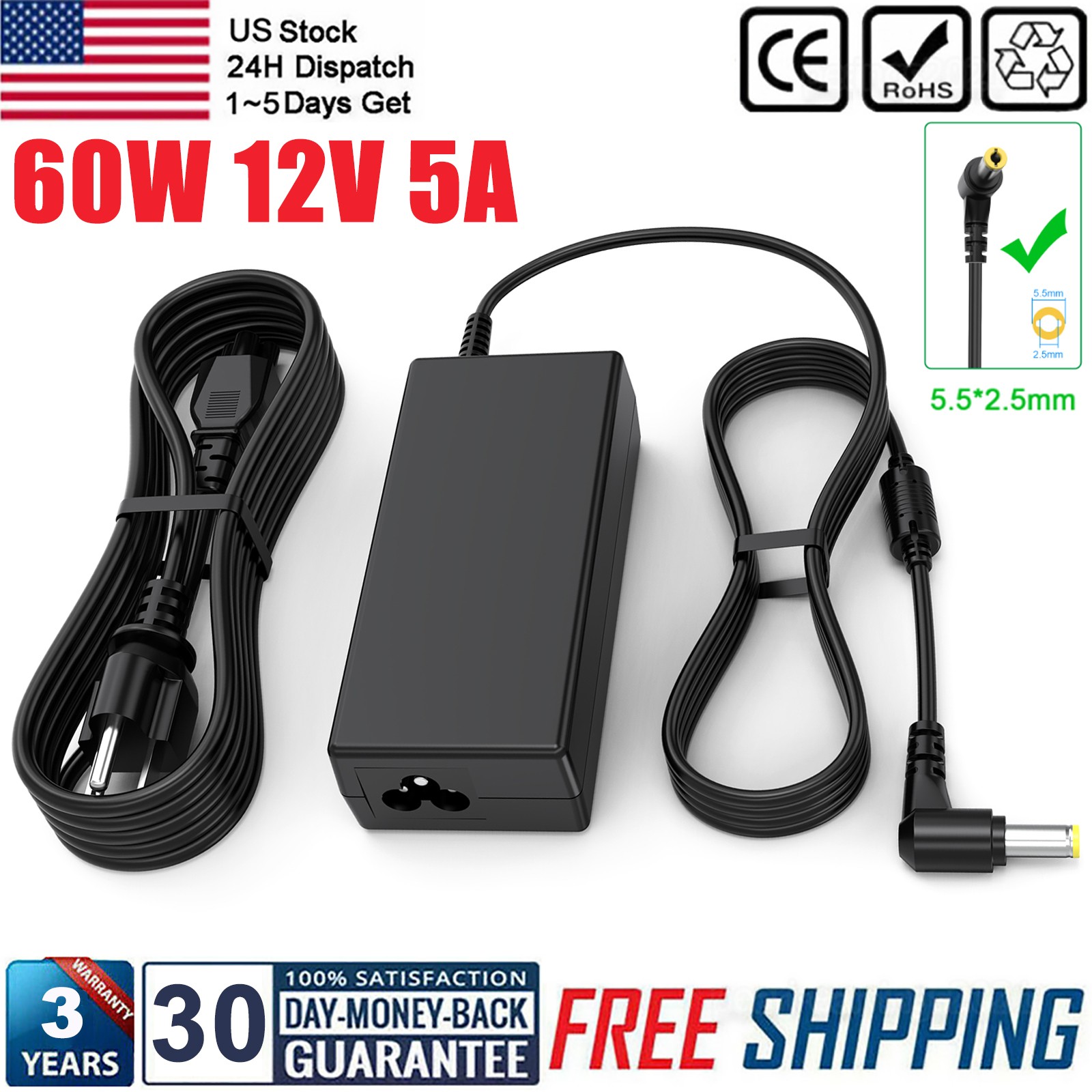 12V AC/DC Adapter Charger for AOC Monitor 16" 20" 22" 23" 24" 27" Power Supply
