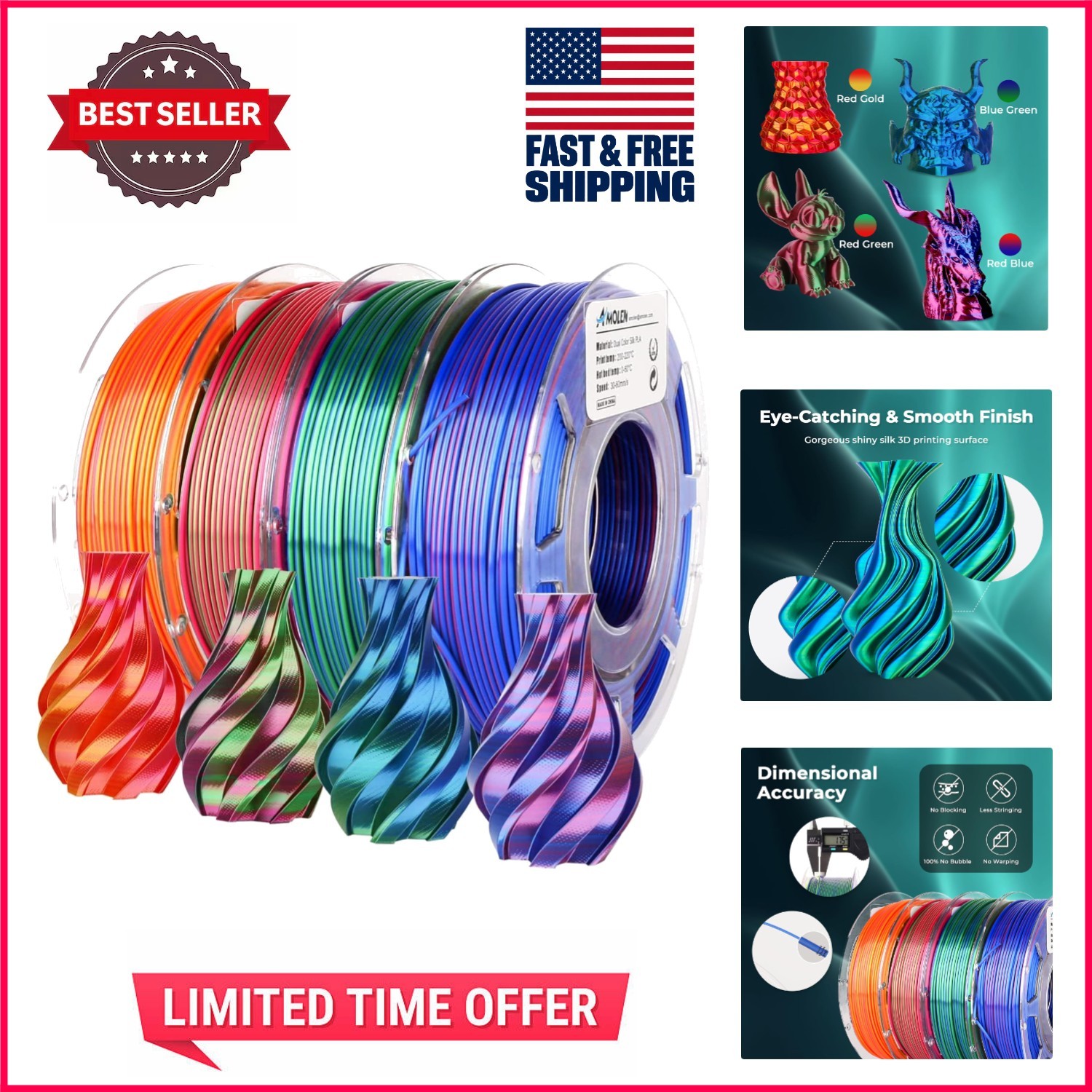 Vibrant Silk PLA Filament Bundle - 1.75mm Dual Color 200g Spools for 3D Printing
