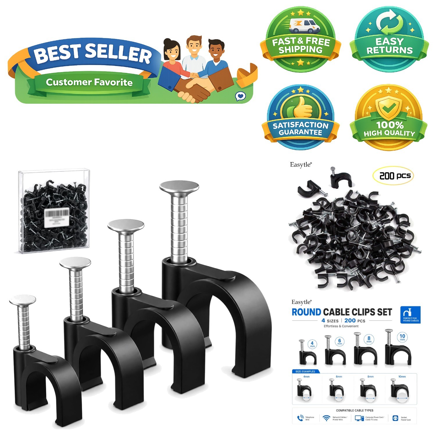 Black Cable Clips for Cords - 4/6/8/10mm, 200 Pcs for Versatile Use