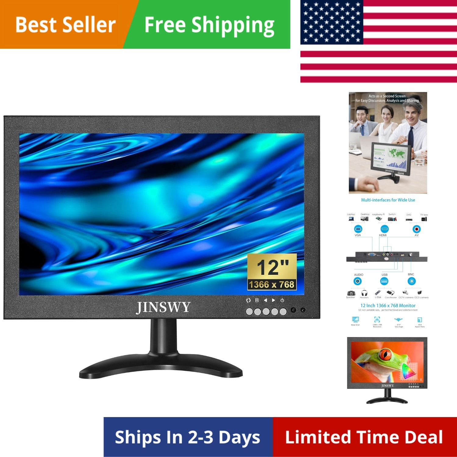 12" Mini Security Monitor, IPS 1366x768 Metal Screen, HDMI/VGA/AV/BNC/USB Inp...