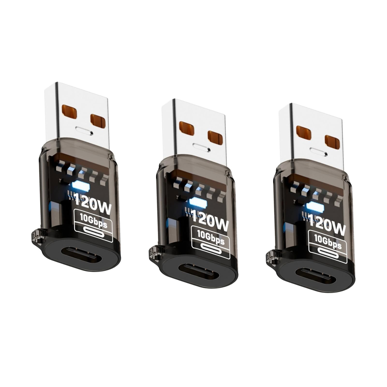 Transparent USB A To USB C Adapter 120W Power Delivery 10Gbps Data 3 Pack