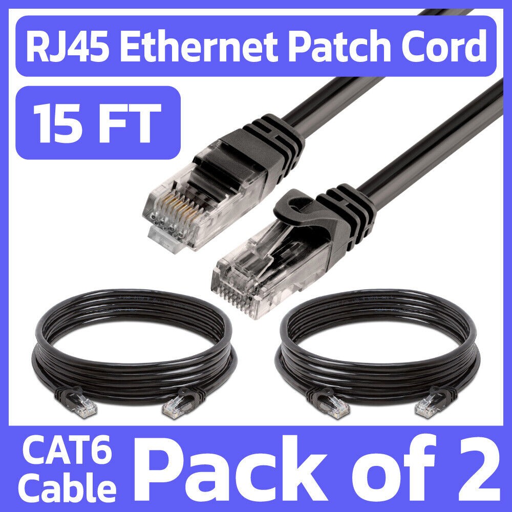 2 Pack 15 FT Cat6 Ethernet Patch Cord Black RJ45 LAN Network Cable Internet Cord
