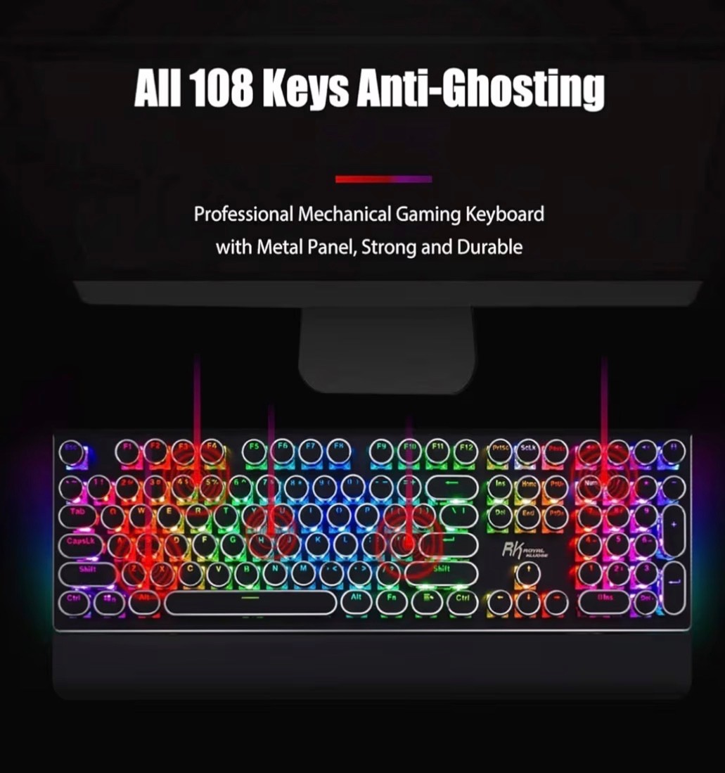 RK ROYAL KLUDGE S108 Typewriter Keyboard, Retro Mechanical Gaming Keyboard Wired