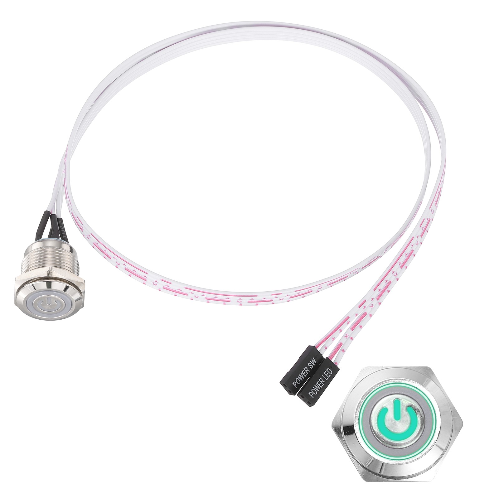 Chassis Metal Button 16mm Power Symbol Green LED Power Button 60cm Wire, Silver