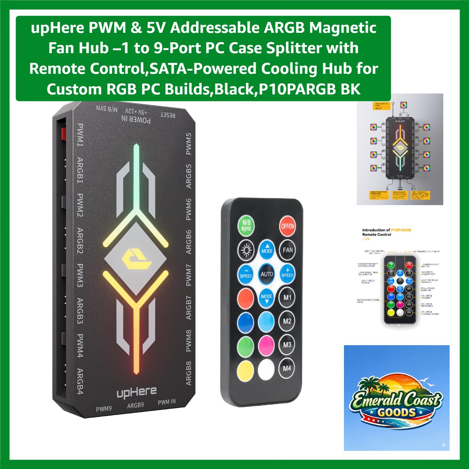 Versatile 9-Port PC Fan Hub - Remote-Controlled, RGB Lighting, Magnetic Mounting