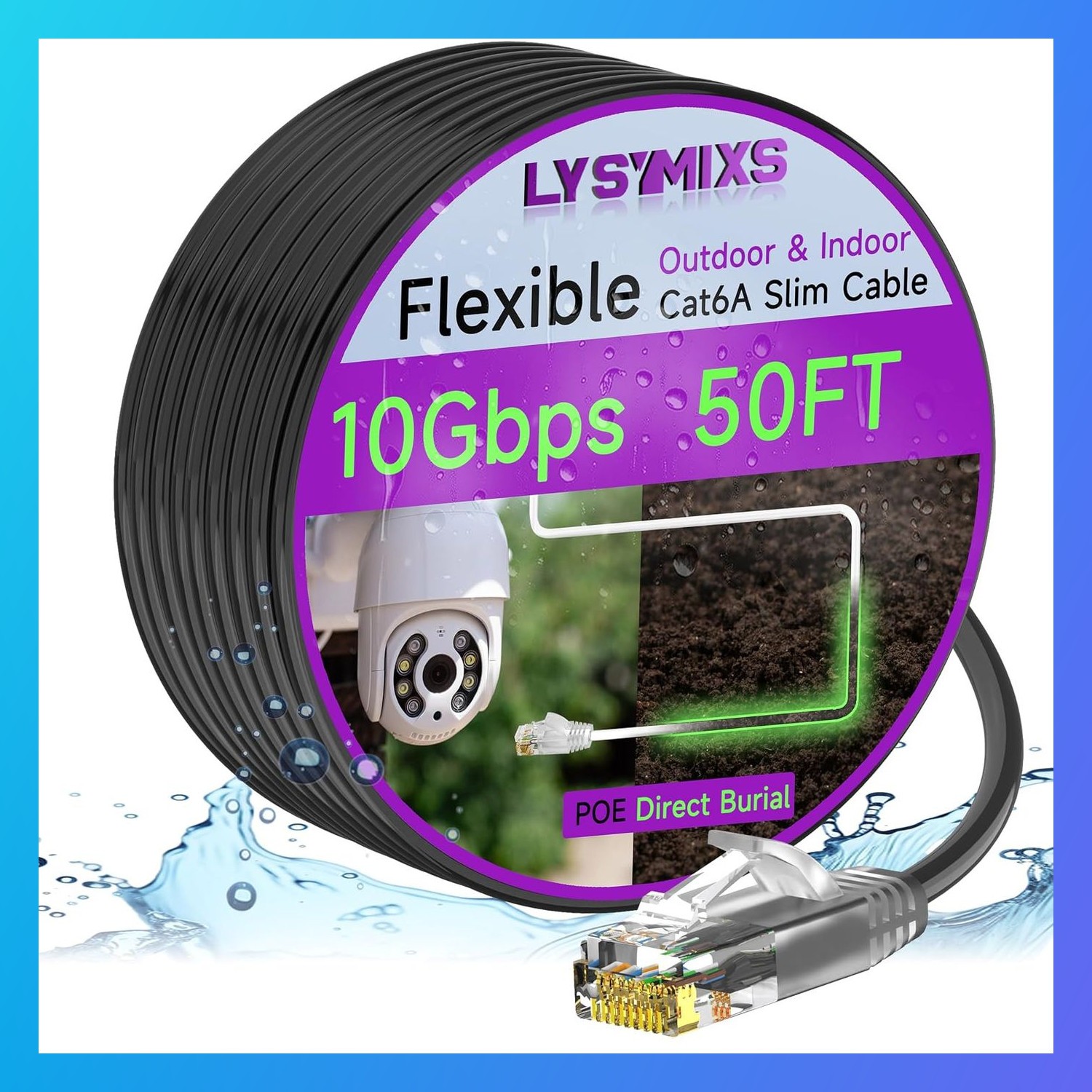 Cat6a Slim Ethernet Patch Cable 50 ft Waterproof LLDPE UV