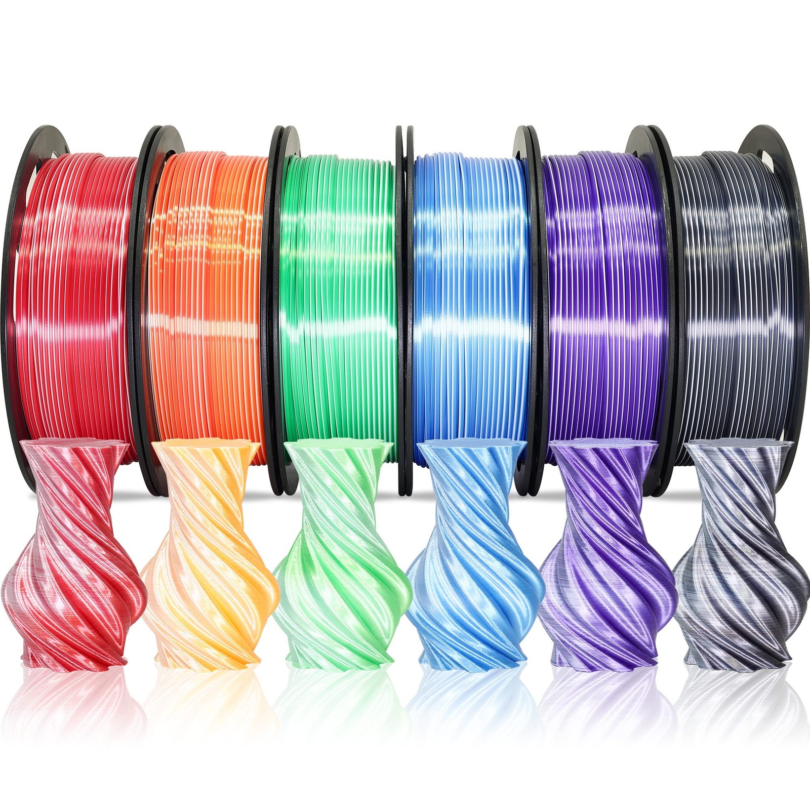 Dual Color 1.75mm 3D Printer Filament Silk PLA 6 Spools Pack 250g Each White
