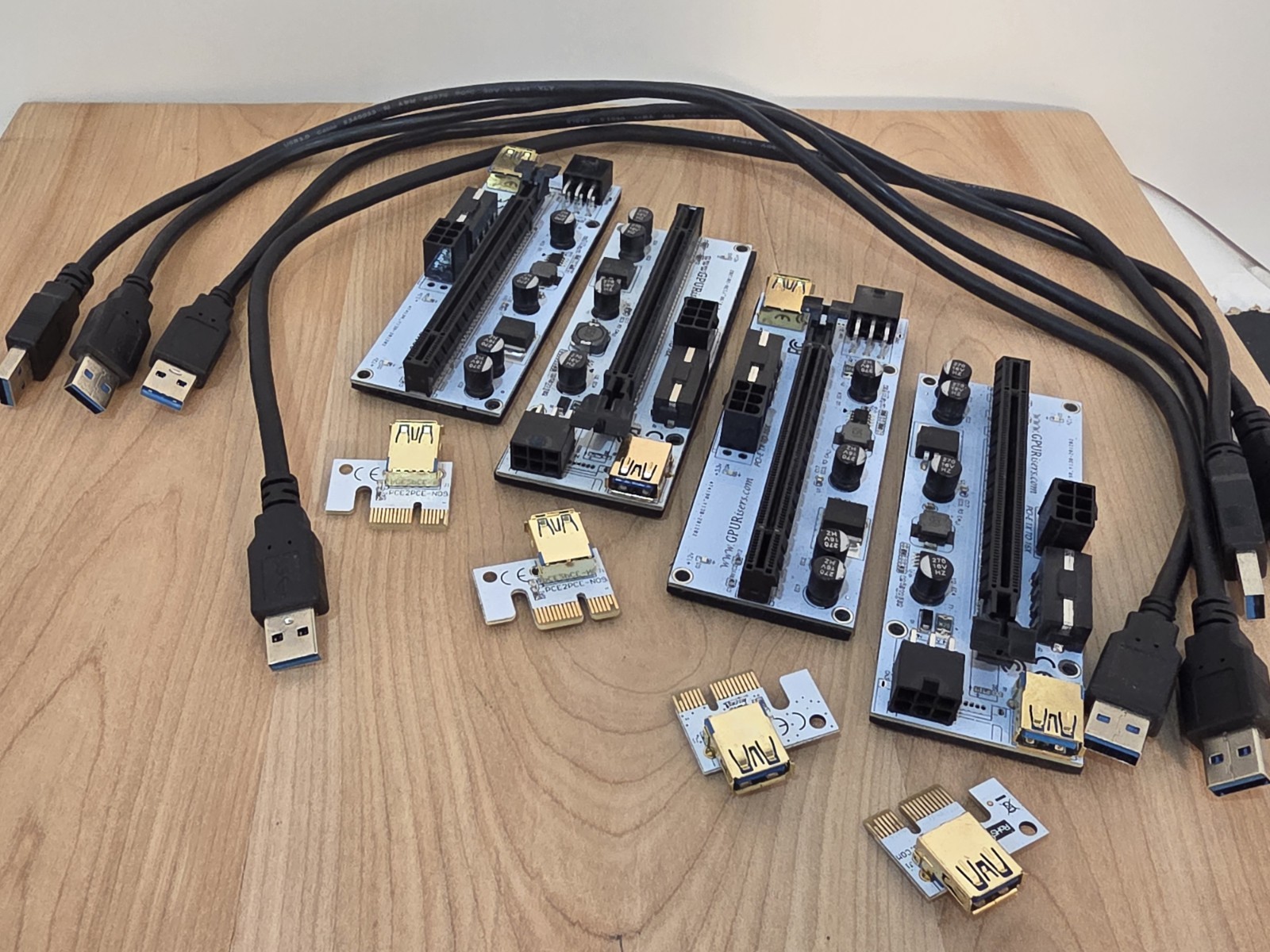 4-pack pcie 1x-16x complete kit of gpu risers made by GPURisers dot com