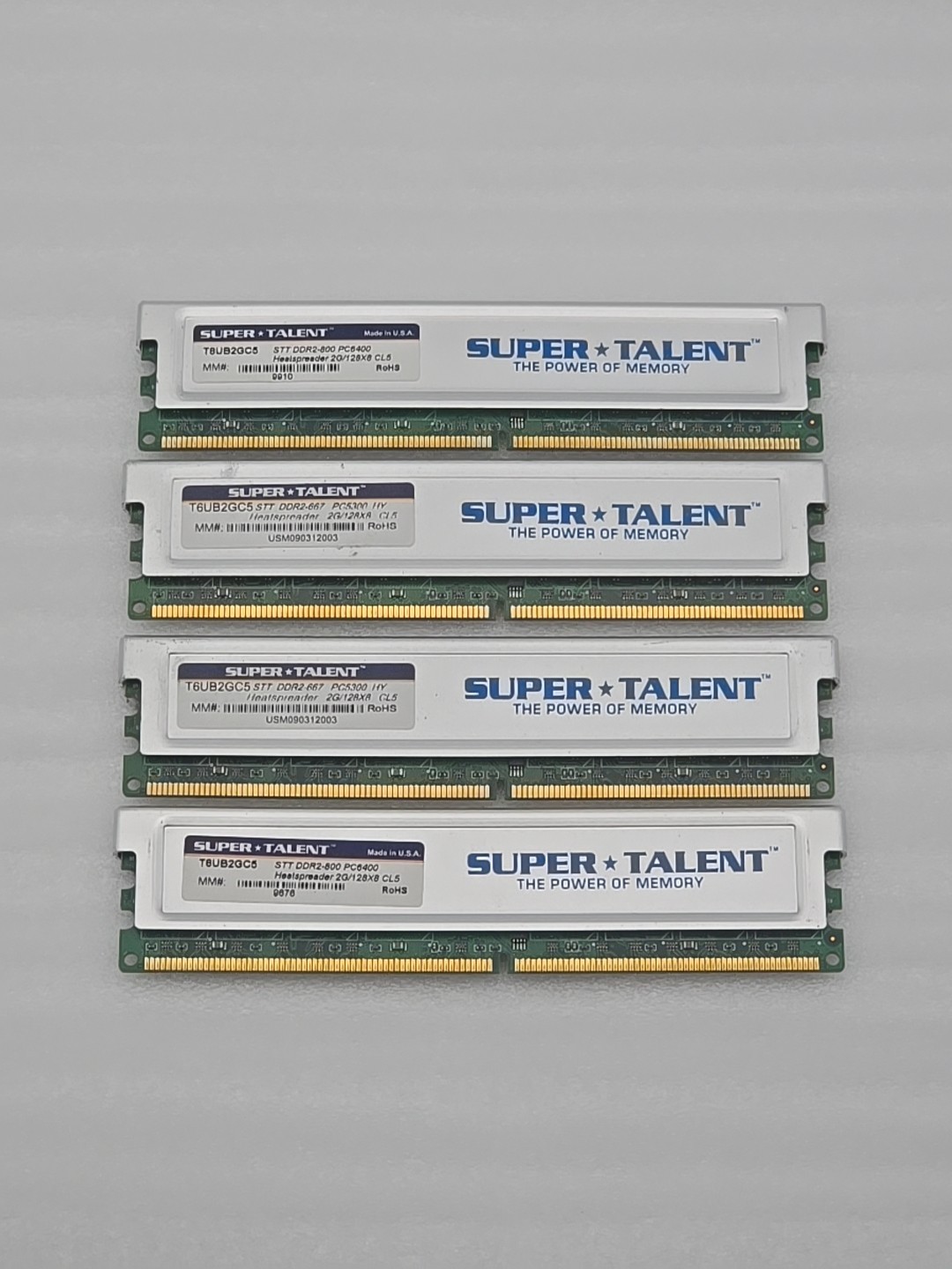 SUPER TALENT T8UB2GC5 DDR2-800 PC6400 Heatspreader 2G/128x8 CL5 RAM (LOT OF 4)