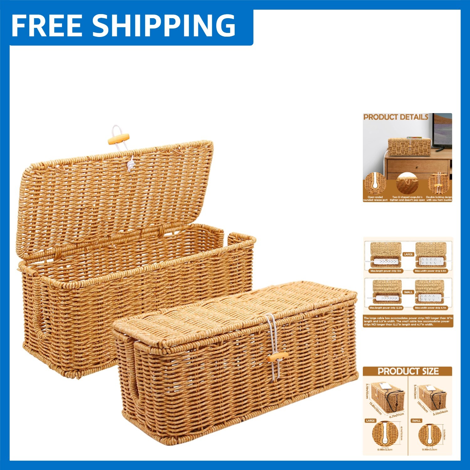 Elegant 2-Pack Rattan Cable Management Boxes for Stylish Cord Organization