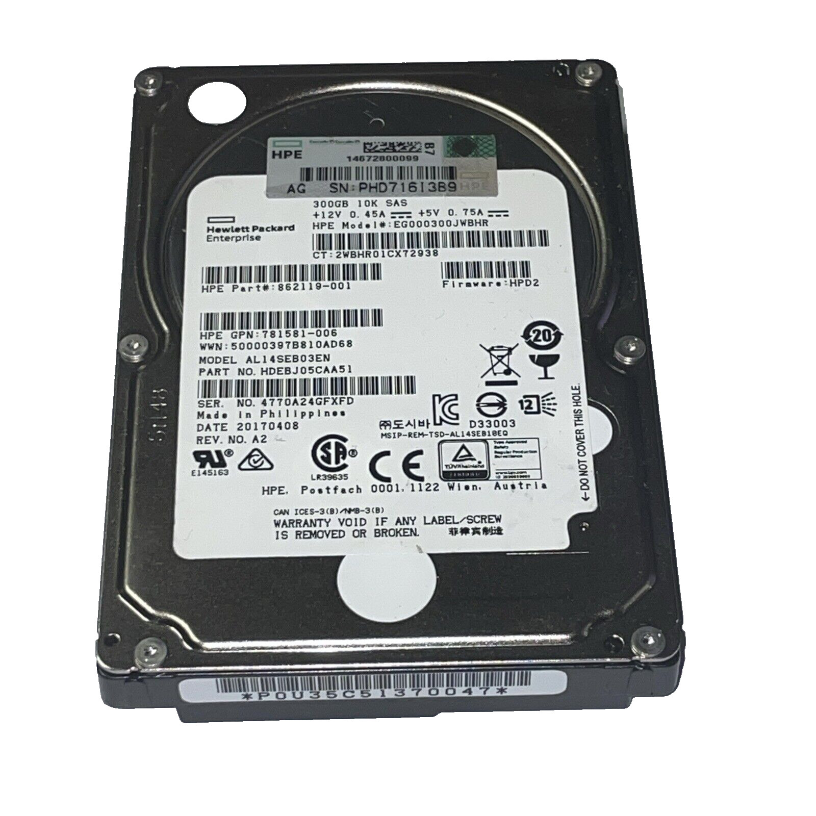 HPE 862119-001 300GB EG000300JWBHR SAS-2 6G 2.5" 10K Hard Drive