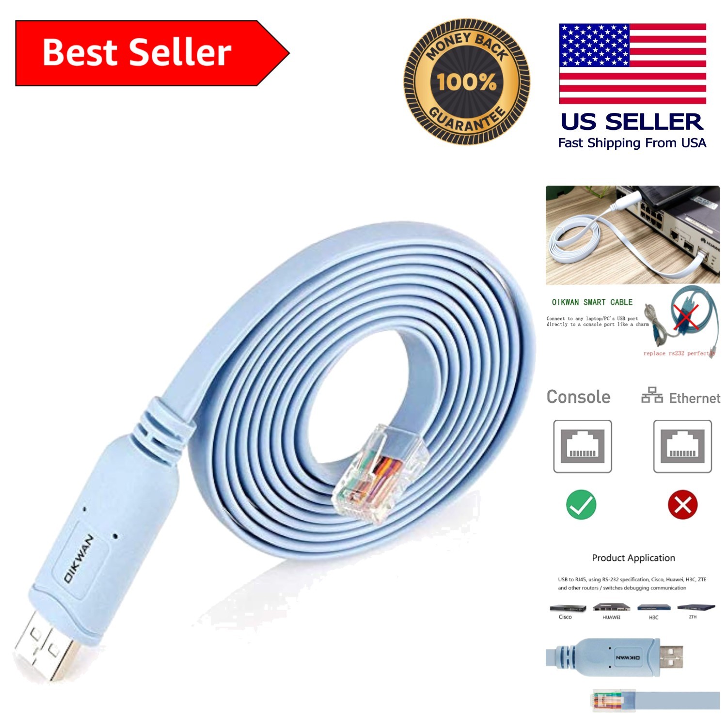 Versatile 10ft USB to RJ45 Console Cable for Windows, Linux, Mac - Plug and Play