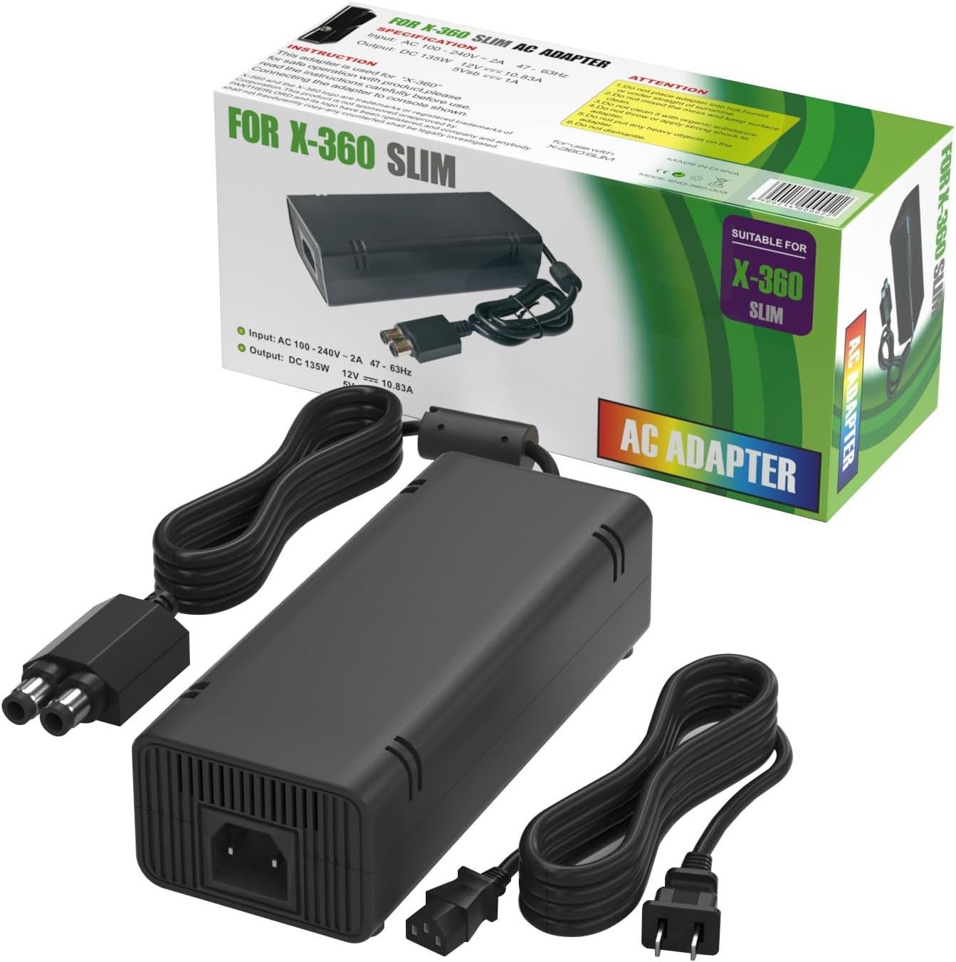 Xbox 360 Slim AC Adapter Power Supply Replacement Black 1 Pack Cooling Fan 80W