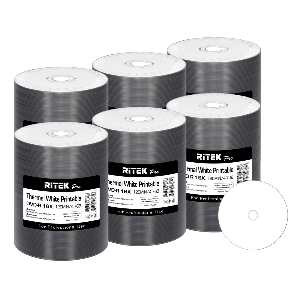 600 Pack Ritek Pro DVD-R 16X 4.7GB White Thermal Hub Printable Blank Media Disc