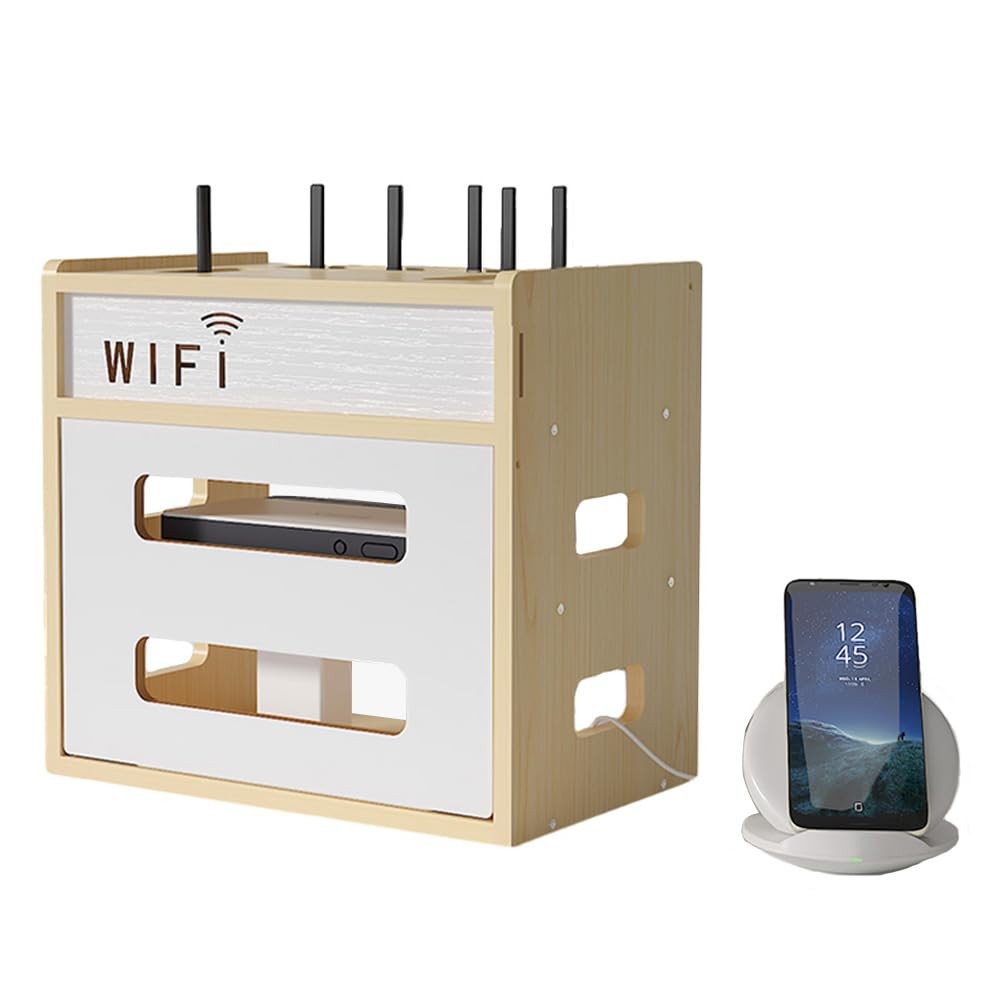 Wooden Router Shelf, Desktop WiFi Router Storage Box Modem Rack, Power Router...
