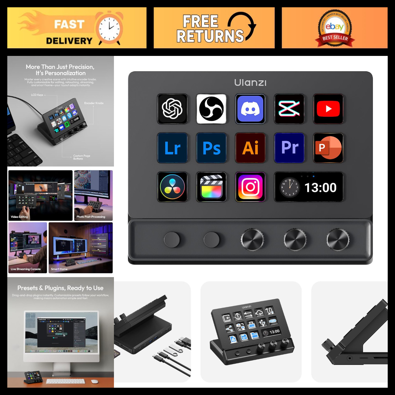 Creative Macro Keyboard Deck, 14 LCD Keys, 3 Encoder Knobs, 8-in-1 Hub, 4K HDMI,
