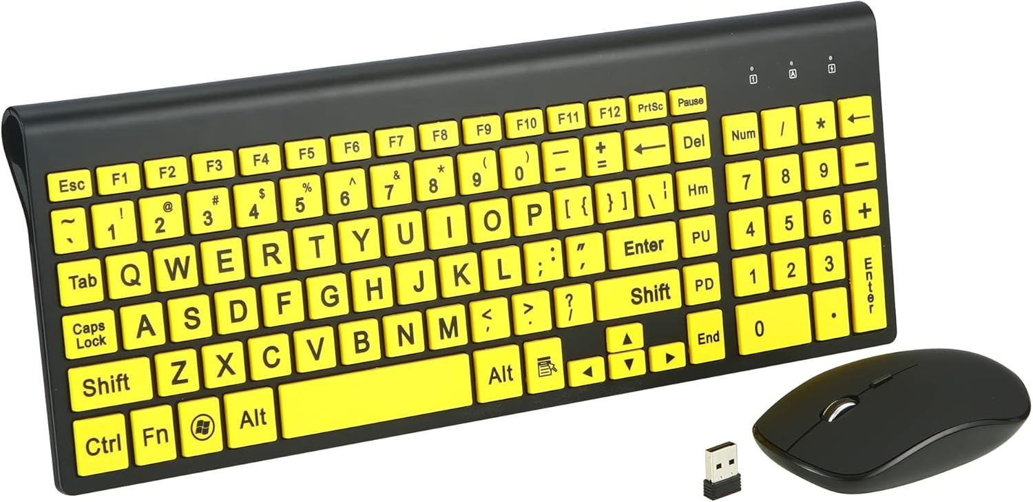 Yellow Large Print Wireless Keyboard and Mouse Set Visually Impaired Kids
