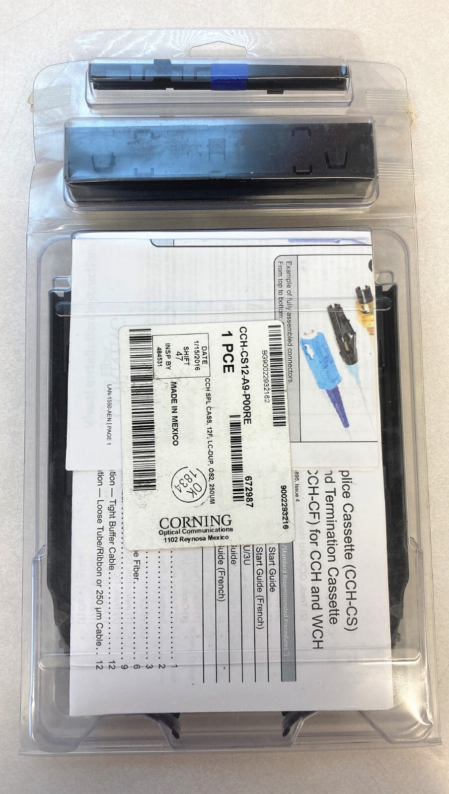 Corning CCH-CS12-A9-P00RE Pigtailed Splice Cassette 12 F, LC Duplex SM, OS2, UPC