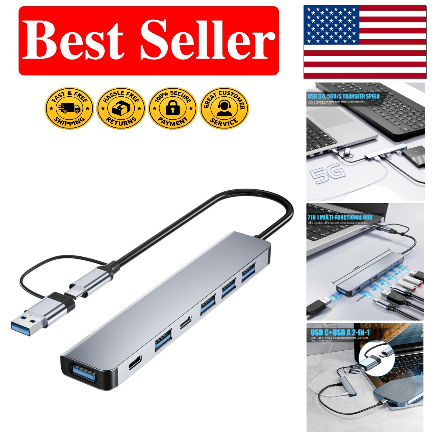 Sleek 7-in-1 USB C Hub | 5Gbps Data Transfer for All Devices | Aluminum Finish