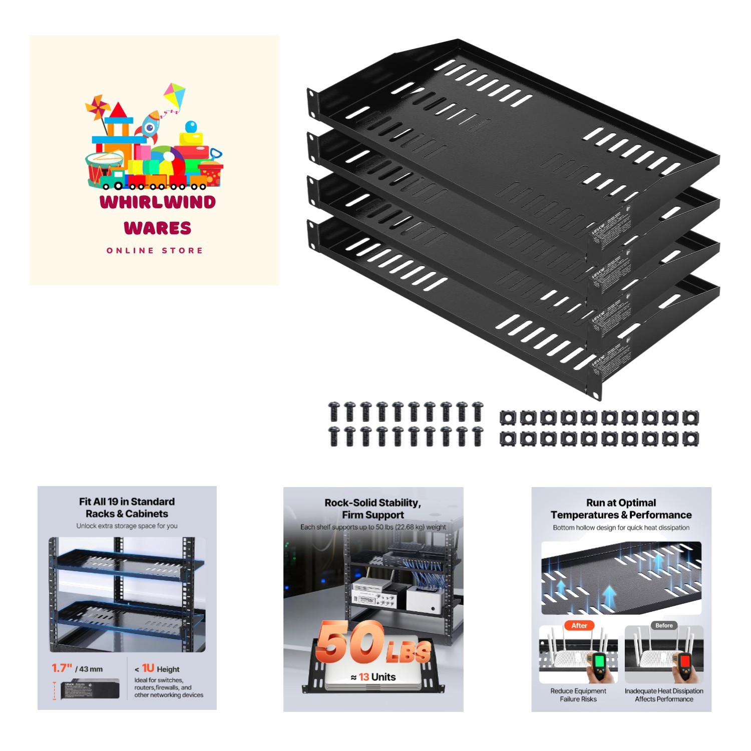 4PCS 1U Server Rack Shelf Universal Vented Rack Mount Cantilever Tray