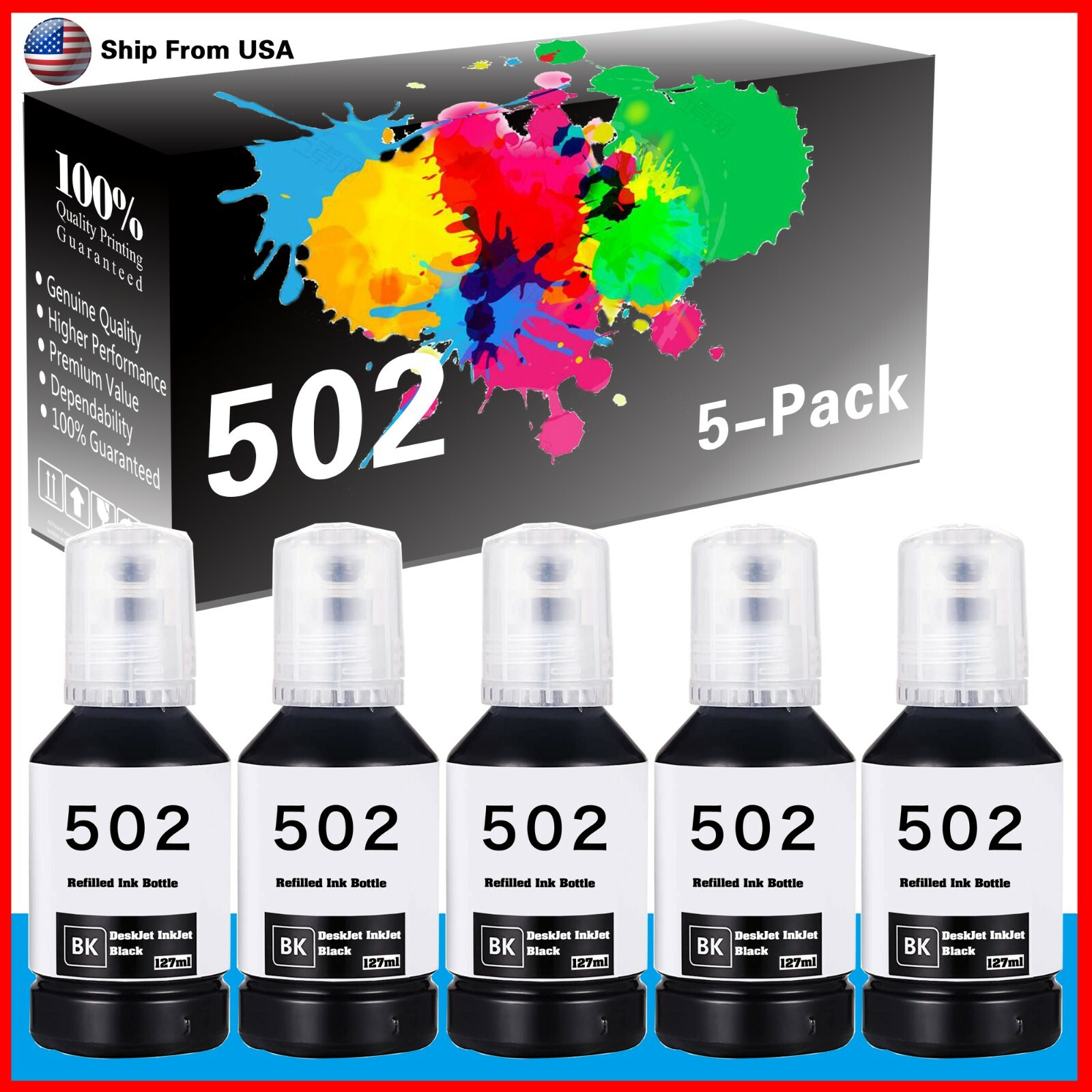 5PK T-502 Black Ink Bottle for Workforce ET-3750 EcoTank Printer
