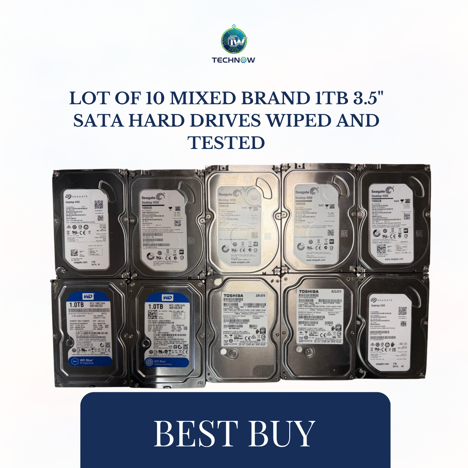 Lot of 10 Mixed Brand 1TB 3.5" SATA Hard Drives Wiped and Tested