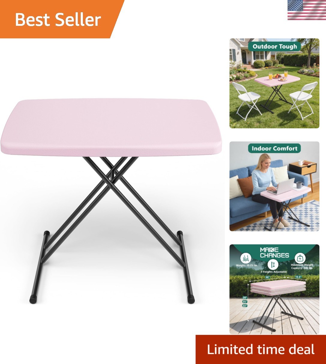 Folding Table 30 Inch - Small Desk Adjustable Height TV Tray for Laptop, Couc...