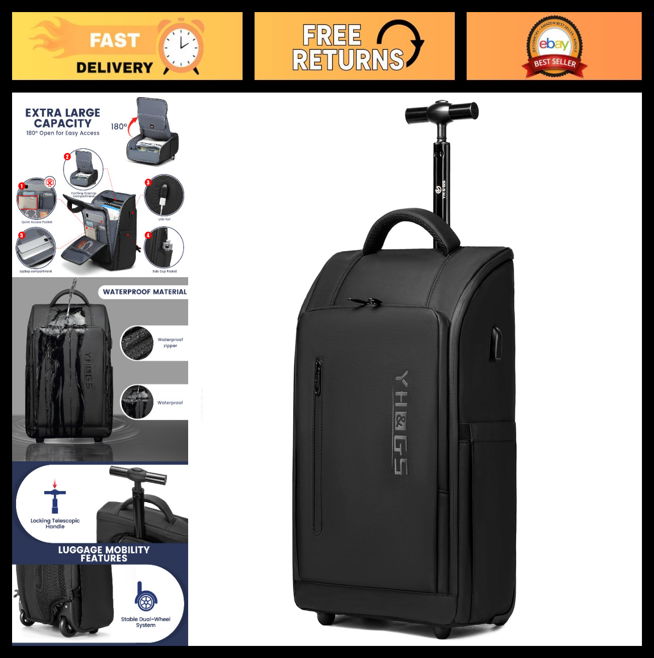 Waterproof Rolling Backpack with USB Ports, 15.6" Laptop Wheeled Bag for Travel