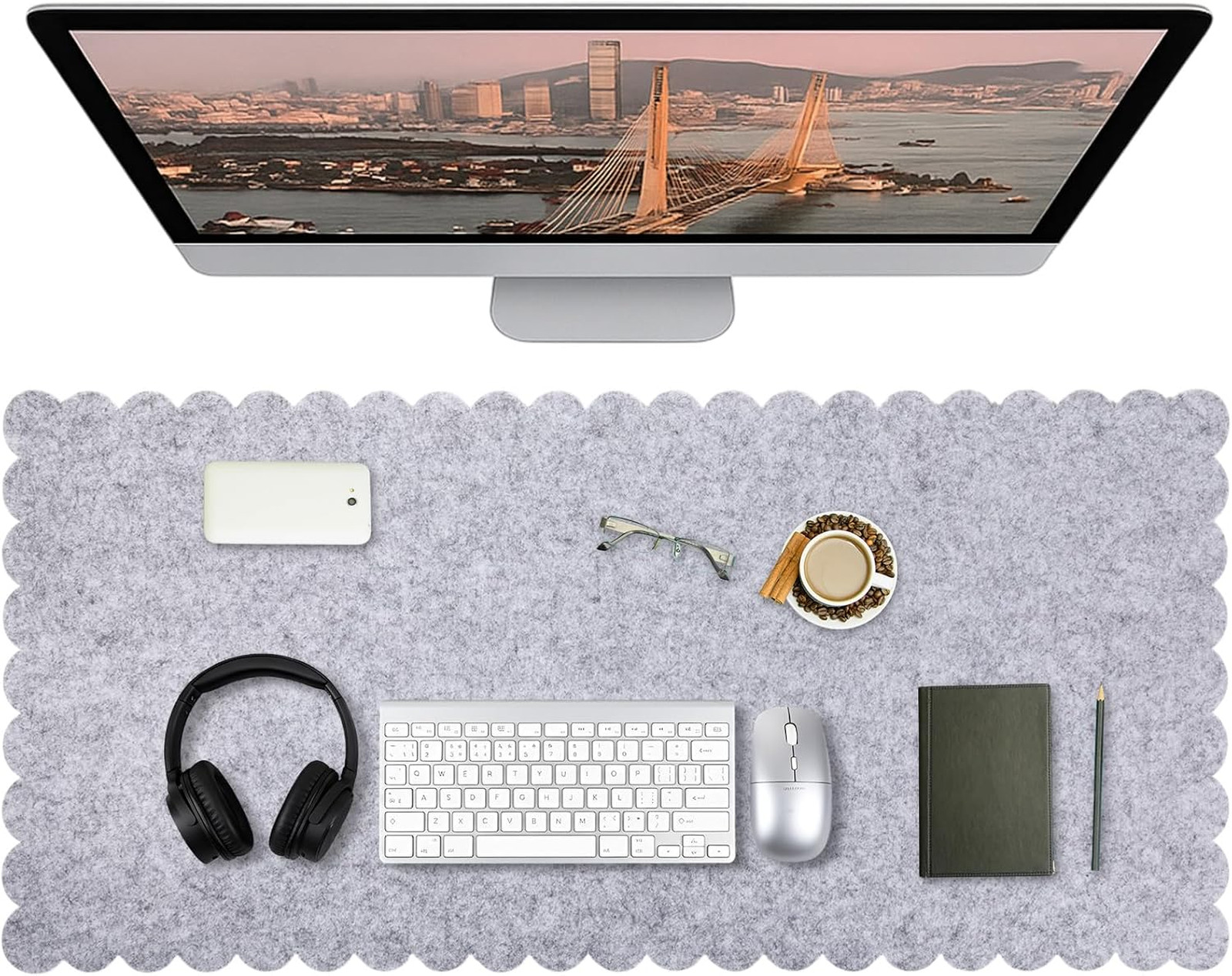 Felt Desk Mat with Scalloped Edges 35x16.5 Inch Large Non Slip Computer Mouse