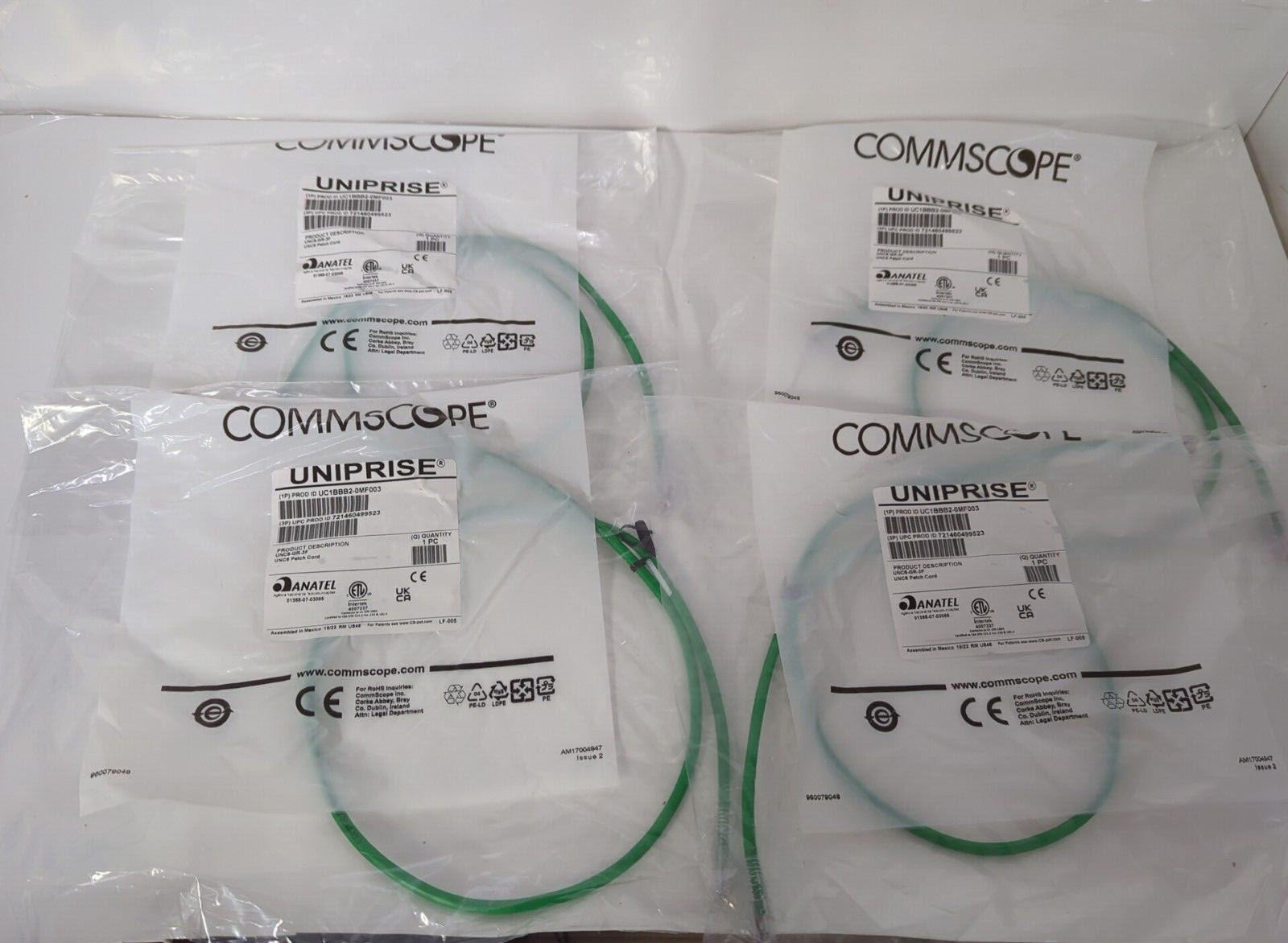LOT OF 4 COMMSCOPE UNC6-GR-3F UNC6 PATCH CORD  GREEN