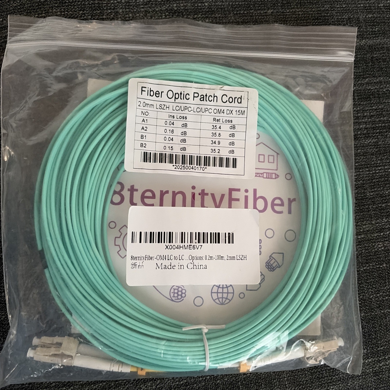 OM3 LC to LC Fiber Optic Patch Cable 15m LSZH Multimode Duplex – New